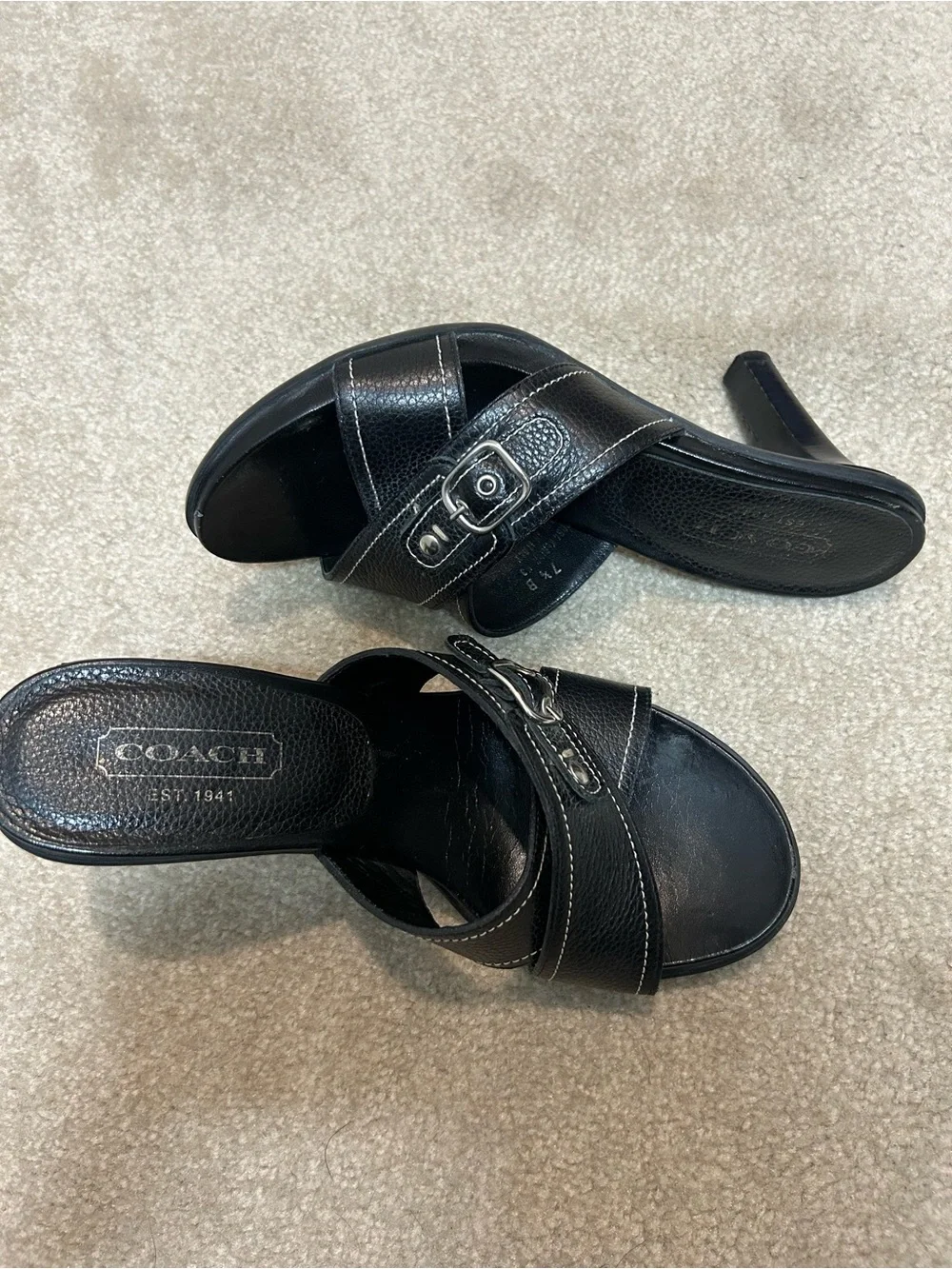 COACH Women’s Black Leather Slide Heels with Silver Buckle Accent. Size 8. $65